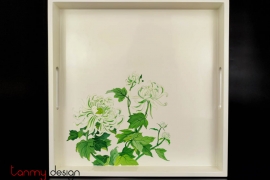  Khay sơn mài vuông trắng vẽ hoa cúc 35cm